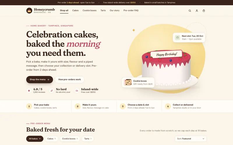 Cake pre-order store with live cake preview — screen 1