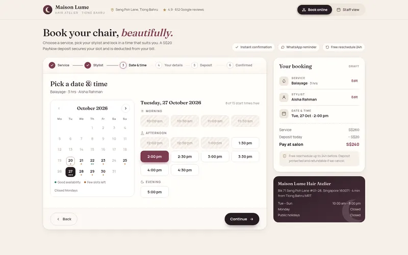 Online booking with deposits and a staff calendar — screen 1