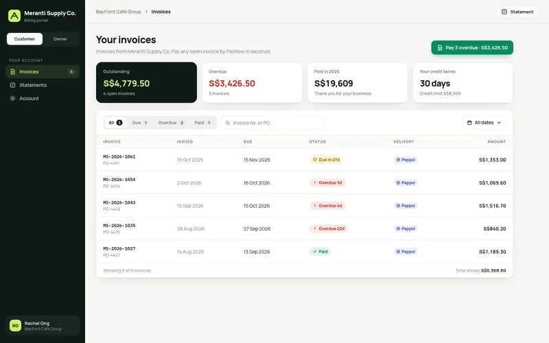 Customer invoice portal with InvoiceNow — screen 1